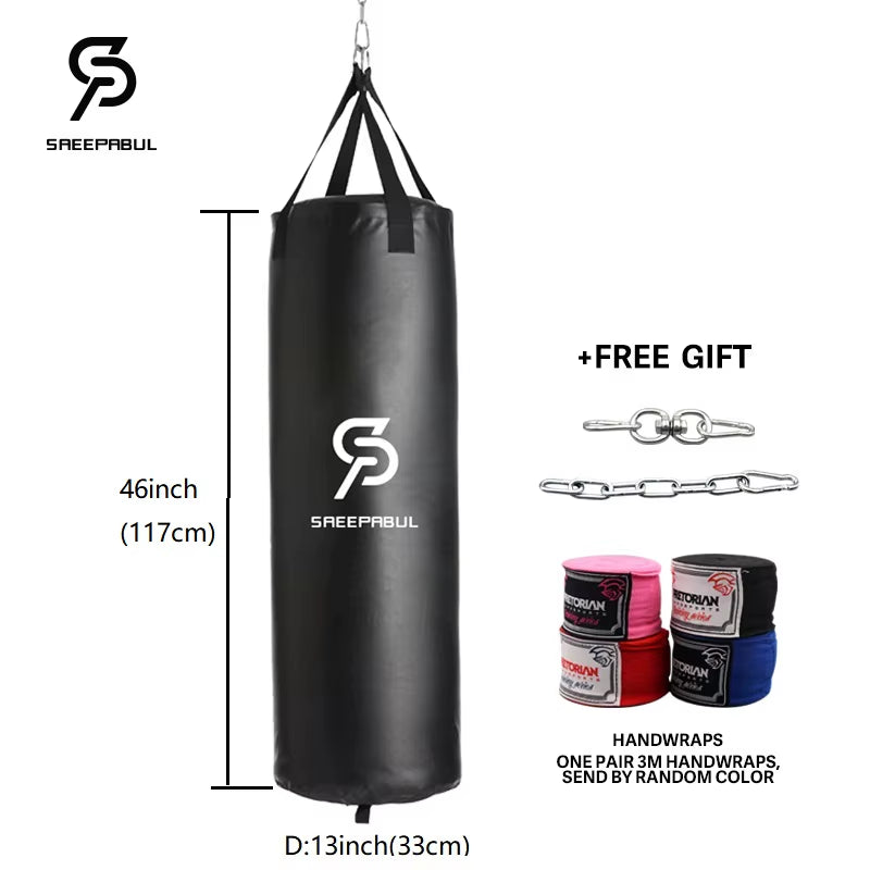 102/117CM Boxing Heavybag for Home Gym Hook Hanging Punching Sandbag Empty-Heavy Kick Muay Thai Sand Bag with One Handwraps Gift